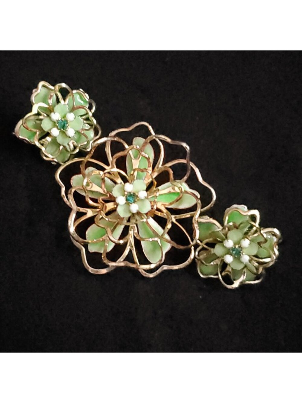 Vintage Floral Brooch Earrings Gold Tone Green Demi Parure 1.75" 1"